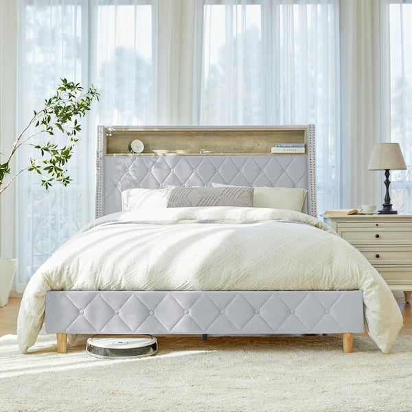 Candido Light Gray 62 in. Upholstered Wood Frame Queen Panel Bed Charging Stations and Integrate Motion-Sensor Lights