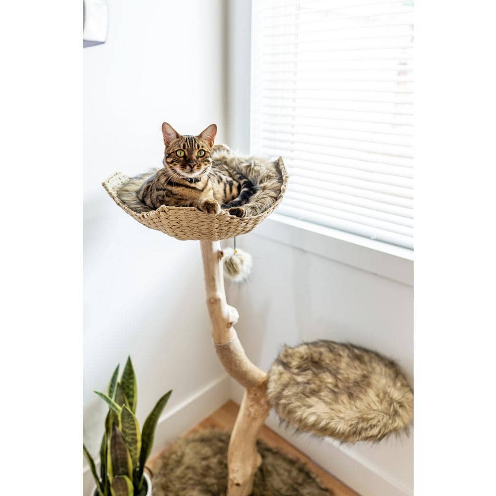 Modern Brown Faux Fur and Wicker Cat Tree Tower