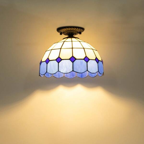 OUKANING 11.81 in. 1-Light White and Blue Retro Semi-Flush Mount