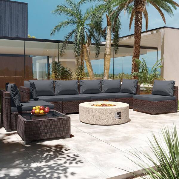 PATIO WATCHER 8-Piece Rattan Patio Conversation Set with Cushions and 42 in. Outdoor Round Fire Pit Table, Dark Grey Cushions