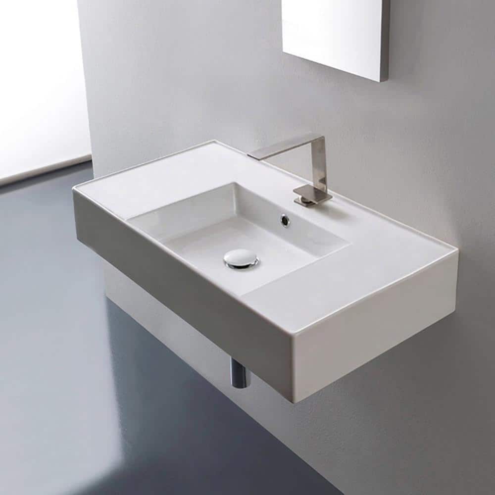 Glossy White Ceramic Rectangular Wall-Mount Bathroom Sink