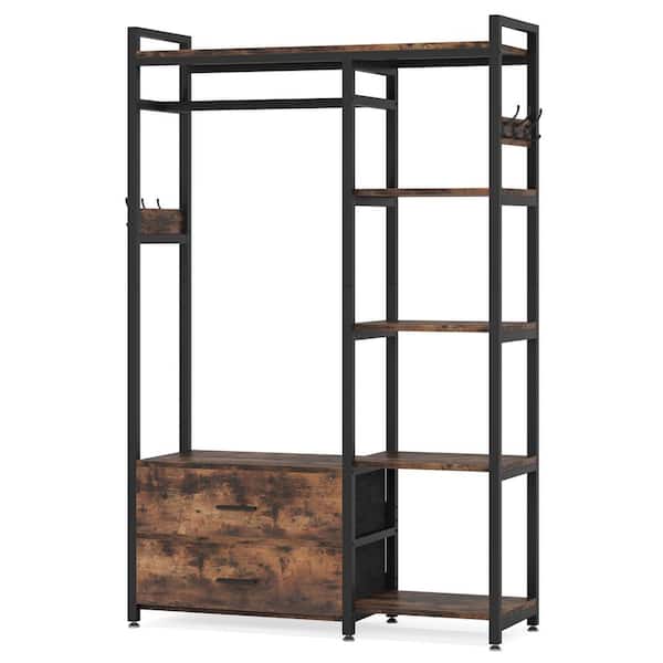 TRIBESIGNS WAY TO ORIGIN 47.2 in. W Freestanding Clothes Garment Rack with Shelves and 2 Drawers, 5 Tier Rustic Brown Closet Organizer Wardrobe