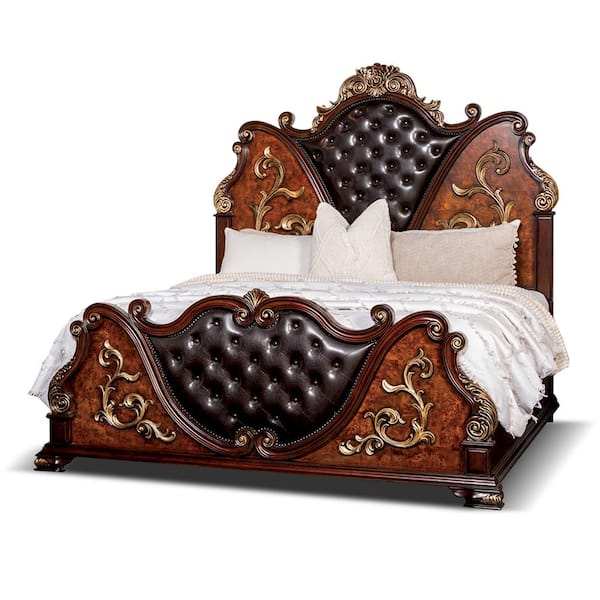 Gurando Brown Wood Frame King Panel Bed with Tufted Headboard