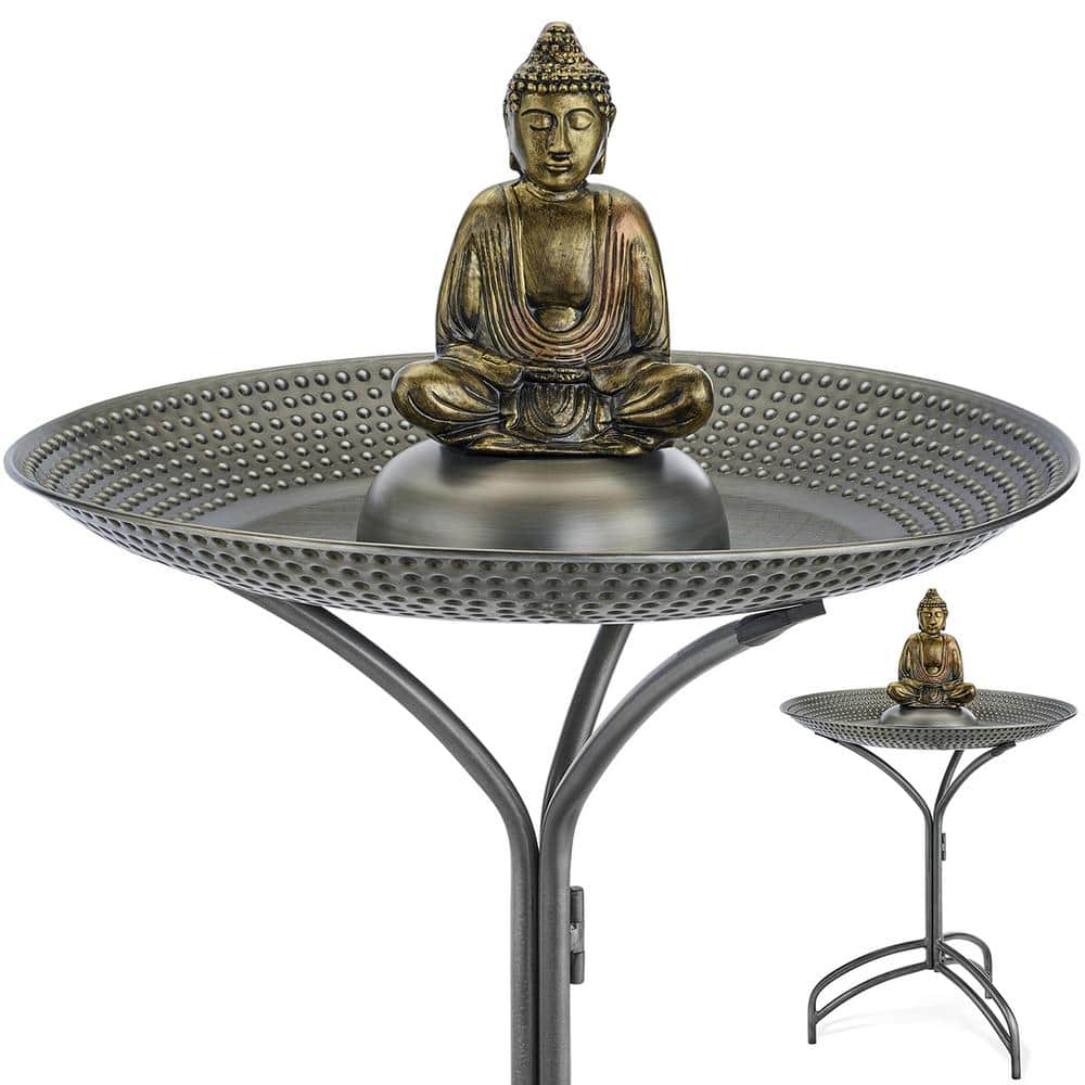 Good Directions 20 in. Pewter Copper Bird Bath with Buddha