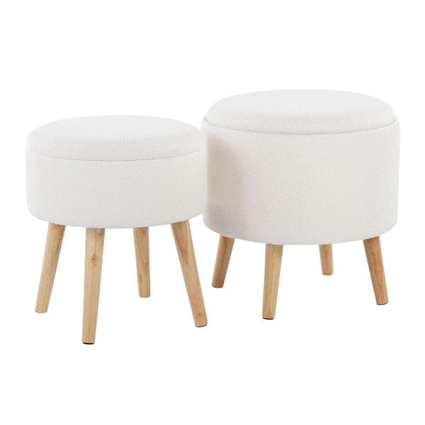 Lumisource Tray Storage Textured Cream Fabric and Natural Wood Ottoman with Matching Stool