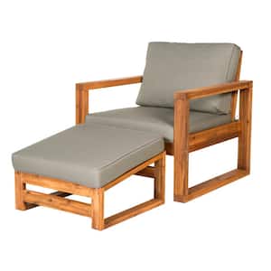Brown Open Side Acacia Wood Outdoor Lounge Chair with Ottoman and Gray Cushion