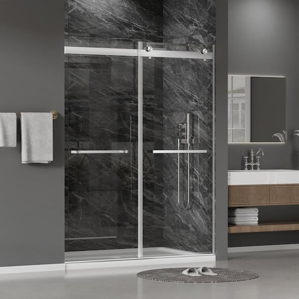 60 in. W x 75 in. H Double Sliding Frameless Shower Door in Brushed Nickel with Tempered Glass, Soft-closing