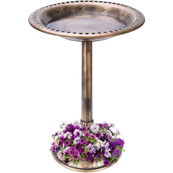 VIVOHOME 28 in. H Polyresin Lightweight Birdbath with Flower Planter Base in Copper