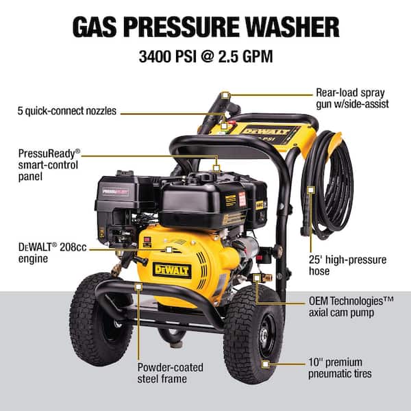 3400 PSI 2.5 GPM Cold Water Gas Pressure Washer with PressuReady DeWalt 208cc Engine