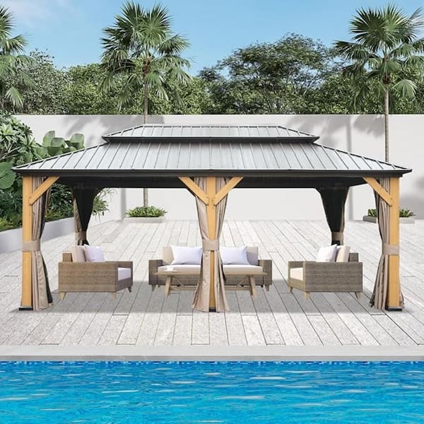 Beaulo 20 ft. x 12 ft. Hardtop Cedar Wood Gazebo in Brown with Double Galvanized Steel Frame Roofs and Mosquito Net