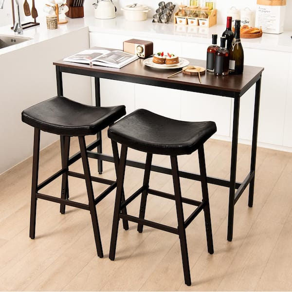 Costway 30 in. Black High Back Wood Saddle Bar Stool Counter Stool with Fadux Leather Seat (Set of 2)