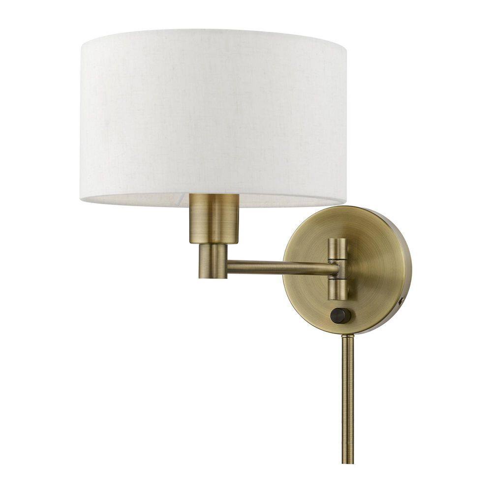 Antique Brass Swing Arm Wall Lamp with Oatmeal Fabric Shade