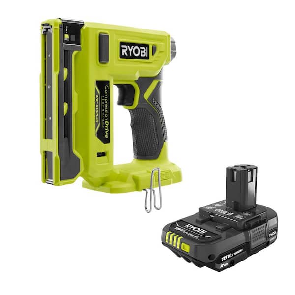 RYOBI ONE+ 18V Cordless Compression Drive 3/8 in. Crown Stapler with Lithium-Ion 2.0 Ah Compact Battery