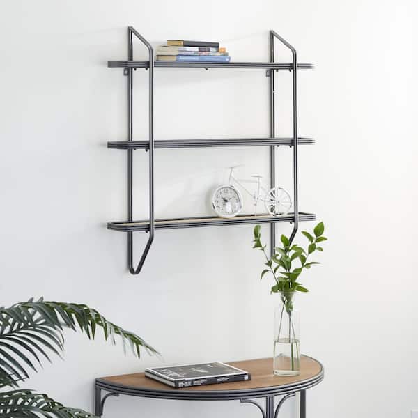 Litton Lane 34 in. x 32 in. Grey Metal Industrial Wall Shelf