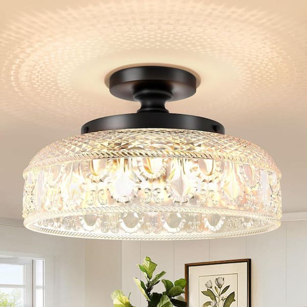12.2 in.Standard Black 3-Light Semi Flush Mount Ceiling Light Fixture with Clear Glass Globe Shade (Bulbs Not Included)