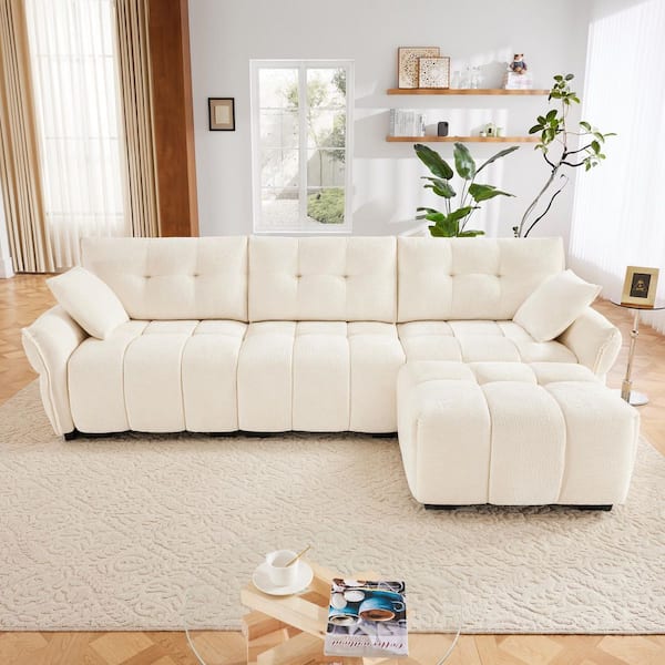 Tina 110.2 in. Flared Arm Chenille Upholstered Rectangle Sectional Sofa in. White with Ottoman, Throw Pillows