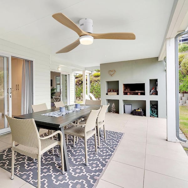 52 in. Standard LED Indoor/Outdoor Flush Mount White Ceiling Fan with Wood Blades, 6-Speed DC Remote Control