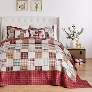 Oxford Plaid Red 3-Piece Cotton Blend Queen Jumbo Quilt Set