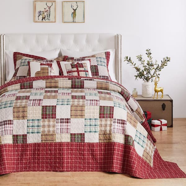 Greenland Home Fashions Oxford Plaid Red 3-Piece Cotton Blend Queen Jumbo Quilt Set