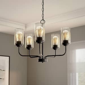 Logan 5-Light Matte Black Chandelier with Clear Seedy Glass Shades For Dining Rooms