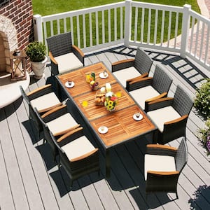 9-Piece Wicker Outdoor Dining Set with Acacia Wood Top Table and Beige Cushion
