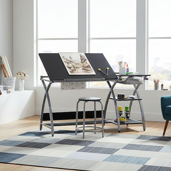 Deluxe 57.5 in. W Craft Station Silver / Black Drafting and Art Desk with Adjustable Top, Storage, and Stool