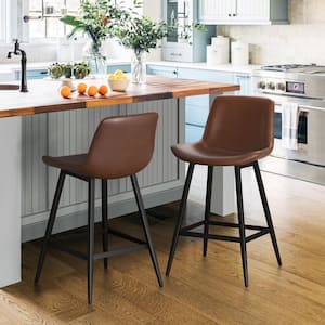 Abraham 24 in.Dark Brown Metal Counter Height Bar Stool Faux Leather Bucket Bar stool with Back Counter Stool Set of 2