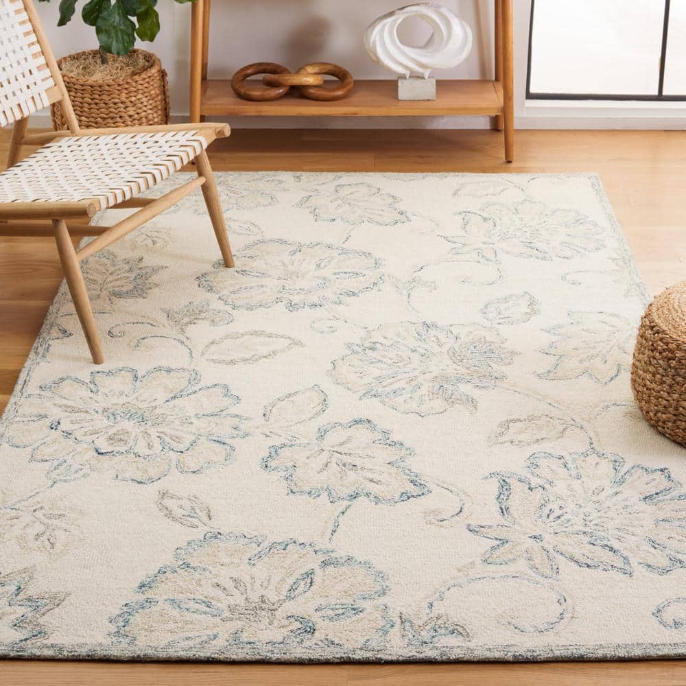 Ivory and Blue Handmade Wool Tufted Rectangular Rug, 3' x 5'