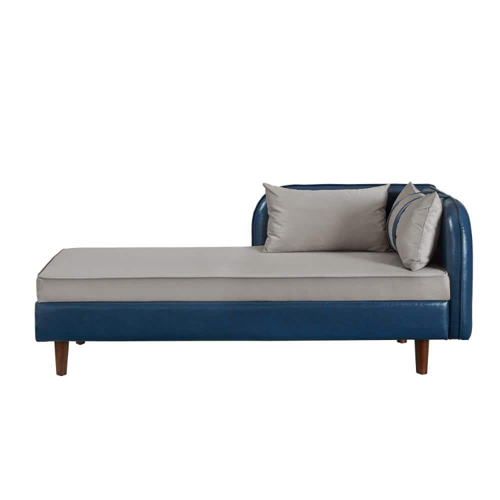 Navy Blue PU + Light Gray Velvet Storage Chaise Lounge with Solid Wood Frame, Armless Design, 65" Long, Hidden Storage