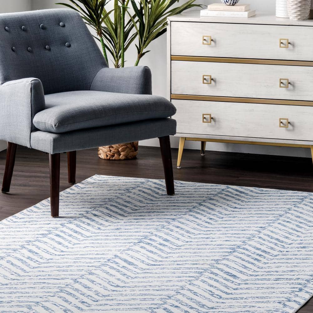 Rosanne Blue and Ivory Geometric 5' x 8' Washable Synthetic Area Rug