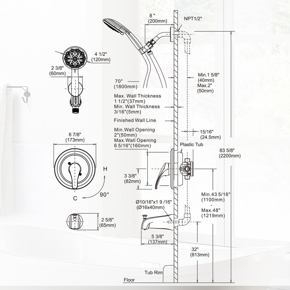 Brushed Nickel 7-Spray Wall Mounted Handheld Shower Faucet
