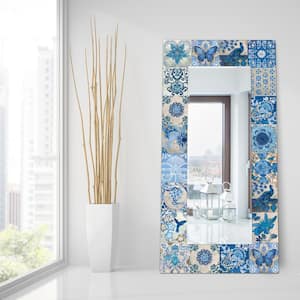 72 in. x 36 in. Blue and White Tiles Rectangle Framed Printed Tempered Art Glass Beveled Accent Mirror
