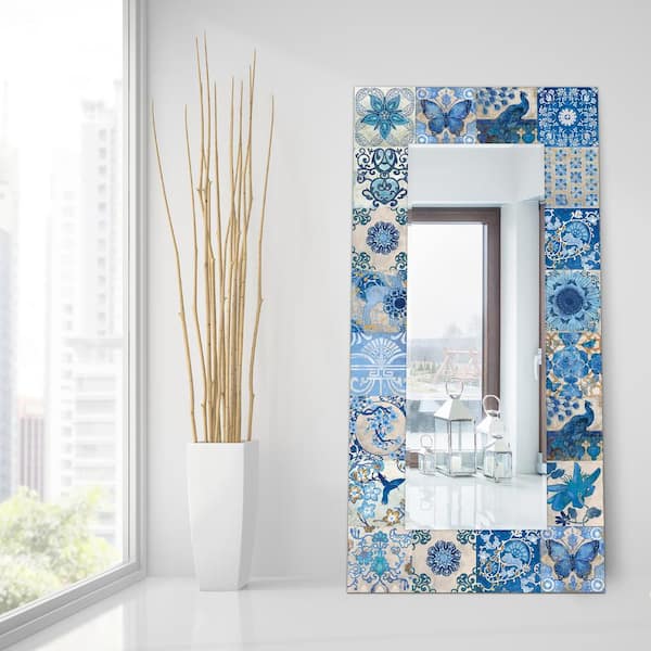 Empire Art Direct 72 in. x 36 in. Blue and White Tiles Rectangle Framed Printed Tempered Art Glass Beveled Accent Mirror