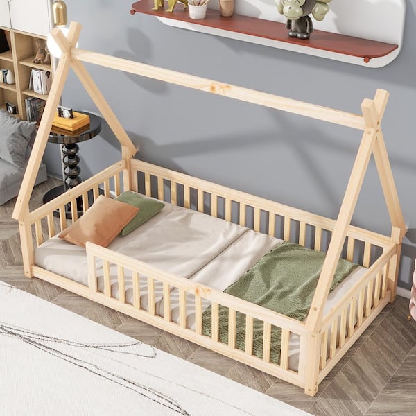 Harper & Bright Designs Tent Style Natural Wood Frame Twin Size Platform Bed, Teepee Bed with Fence Bedrails, Slats