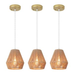 60 -Watt 1-Light Gold & Brown Shaded Pendant Light with Rattan Geometric Shade, No Bulbs Included(Set of 3)