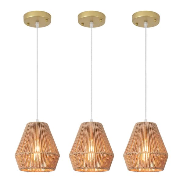 LWYTJO 60 -Watt 1-Light Gold and Brown Shaded Chandelier with Rattan Geometric Shade, No Bulbs Included (Set of 3)