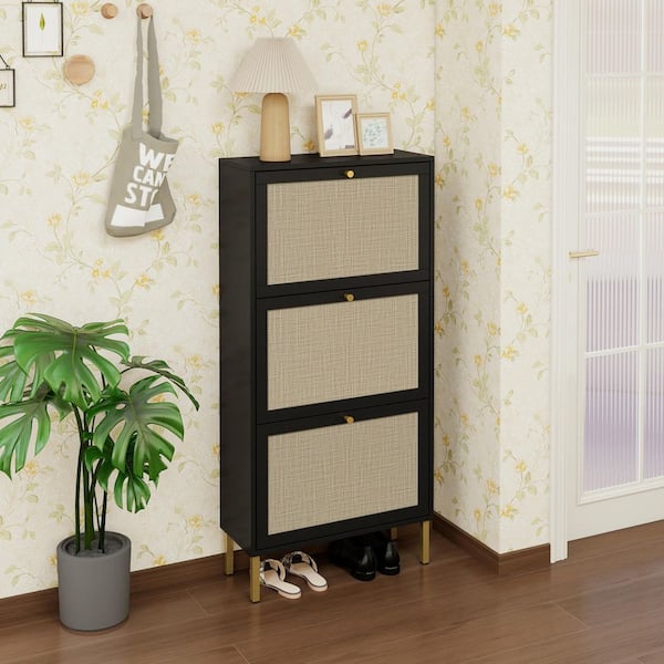 48.98 in.H x23.62 in.W Black Rattan 3-Door Particle Board Shoe Storage Cabinet,Freestanding Entryway Storage,for Hallway