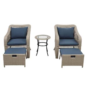 5-Piece PE Rattan Wicker Outdoor Bistro Set Patio Furniture Conversation Set Table, Stools, Chair with Navy Blue Cushion