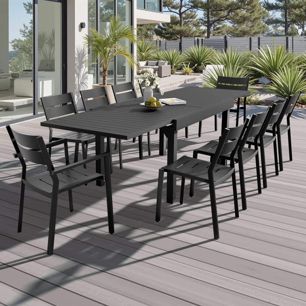 11-Piece Aluminum Outdoor Dining Set 106 in. Expandable Patio Dining Table with 10-Stackable Chairs in Black fro Garden price history on PriceWatchPro
