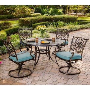 Seasons 5-Piece All-Weather Round Patio Dining Set with Blue Cushions and 4 Swivel Rockers