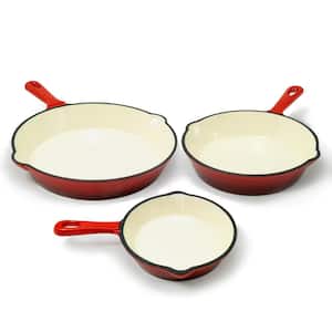 3-Piece Cast Iron Skillet Set with Red Enamel Coating