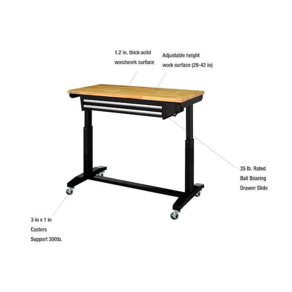 Tool Storage 46 in. W x 24 in. D  2-Drawer Adjustable Height Black Worktable with Solid Wood Top