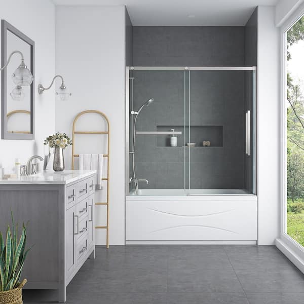 OVE Decors Amy 60.04 in. W x 57.99 in. H Sliding Frameless Tub Door in Satin Nickel