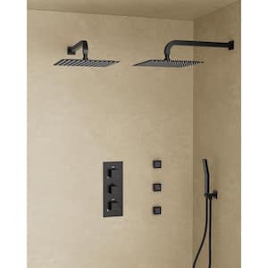 Thermostatic Valve 8-Spray 12 in. and 12 in. Wall Mount Dual Shower Head and Handheld Shower 2.5 GPM in Matte Black