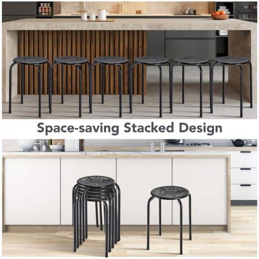 FORCLOVER 17.5 in. Black Backless Metal Stackable Bar Stools (6