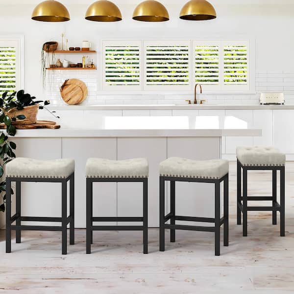 LUE BONA 24 in. Light Beige Grey Cushioned Backless Faux Leather Saddle Bar stools with Black Metal Frame (Set of 4)
