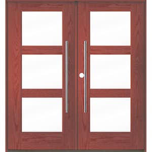 Faux Pivot 72 in. x 80 in. Right-Active/Inswing 3-Lite Clear Glass Redwood Stain Double Fiberglass Prehung Front Door