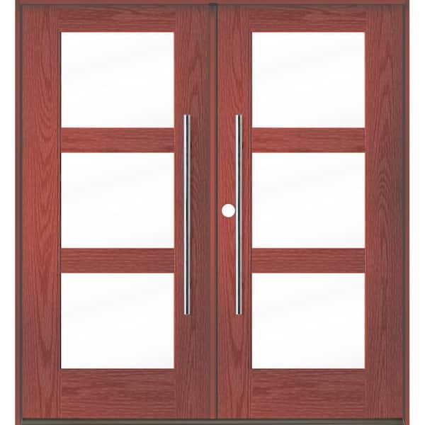 Krosswood Doors Faux Pivot 72 in. x 80 in. Right-Active/Inswing 3-Lite Clear Glass Redwood Stain Double Fiberglass Prehung Front Door