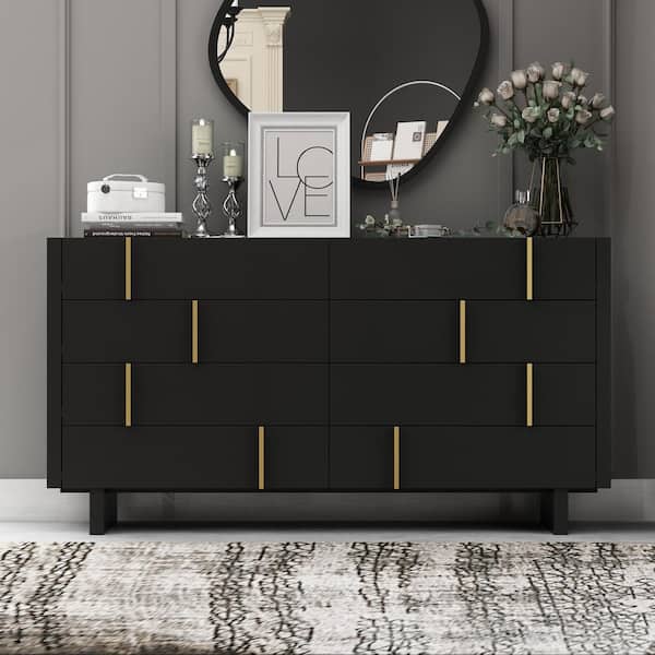 FUFU&GAGA 8-Drawer Black Wood Chest of Drawer with Golden Handle Modern Style 37.3 in. H x 70.9 in. W x 15.6 in. D