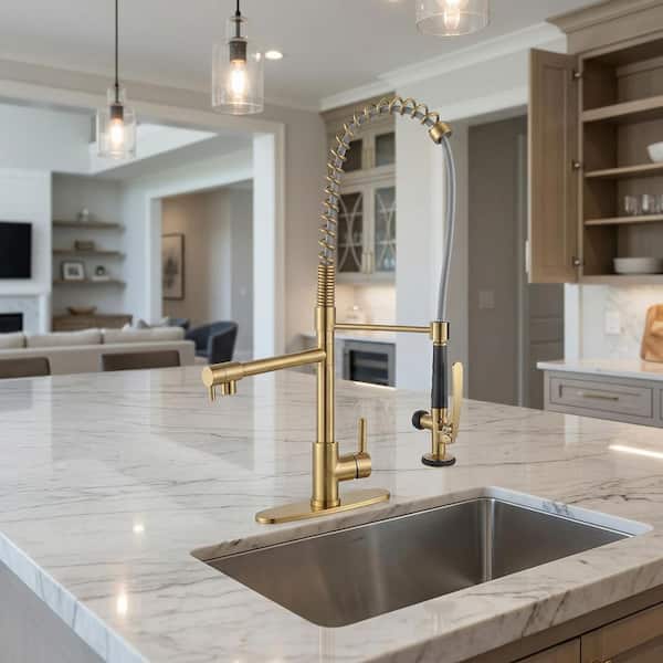 28.7 in. Single Handle Pull Down Sprayer Kitchen Faucet with 360 Degree Spout Swivel in Brushed Gold